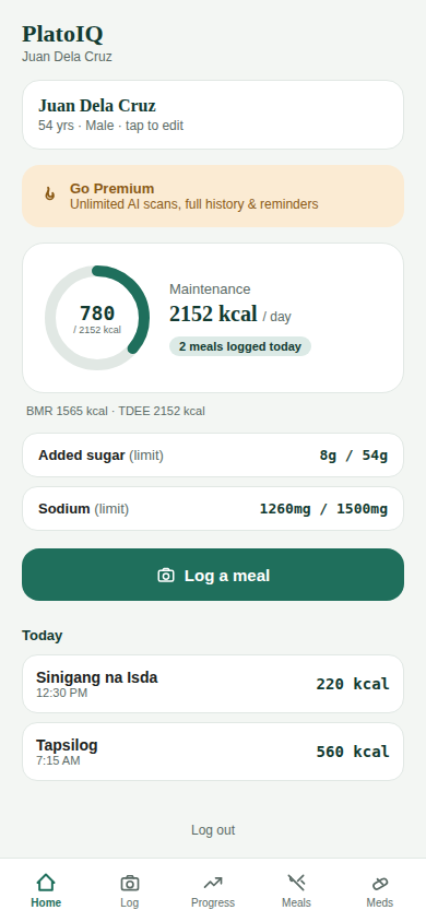 DishCal PH home dashboard showing a calorie ring and merged sodium and sugar limits